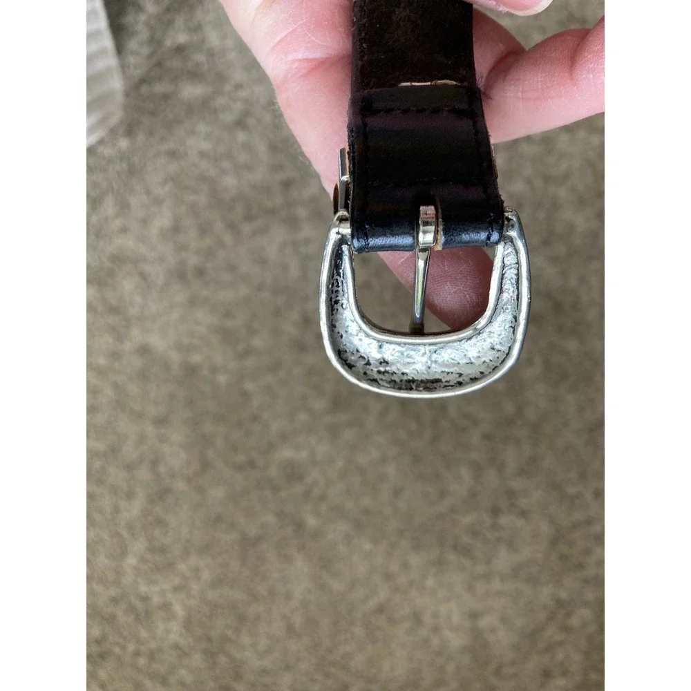 Vintage Black Leather Western Belt Silver Engraved Buckle Tip Made‎ in USA Small